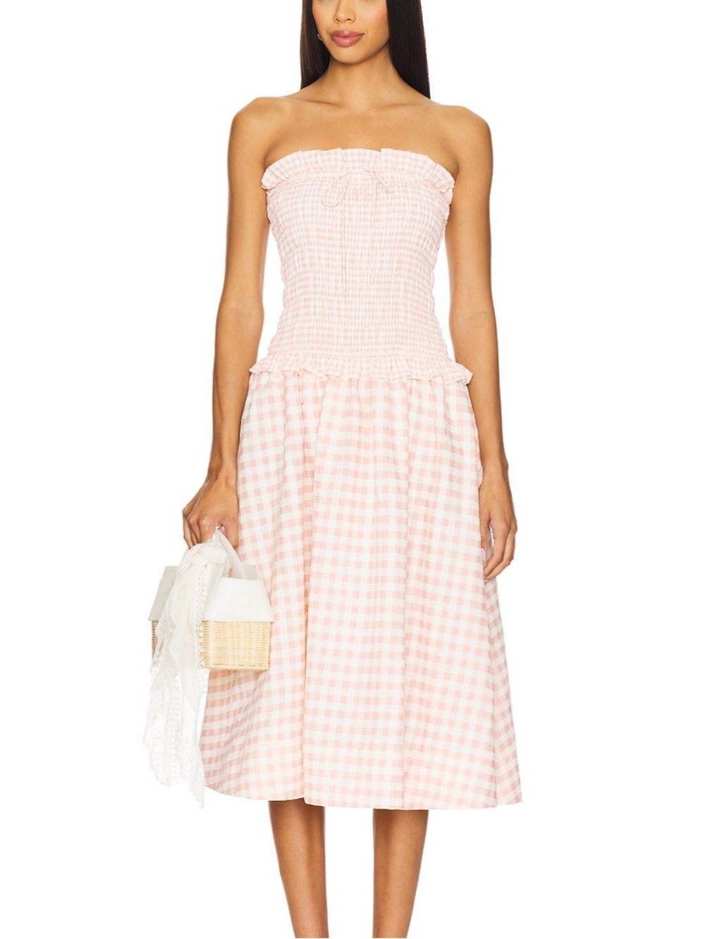 For Love & Lemons Peach Gingham Strapless Midi Dress